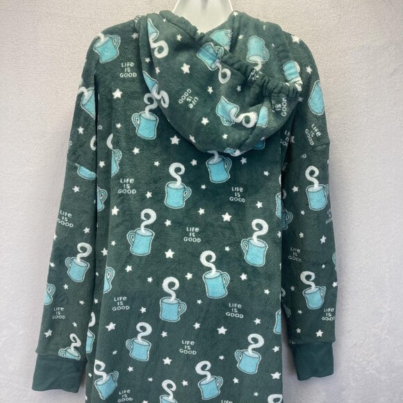 Life Is Good Fleece Hooded Nightgown Womens Medium M Green Mug Coffee Pockets - Picture 12 of 14